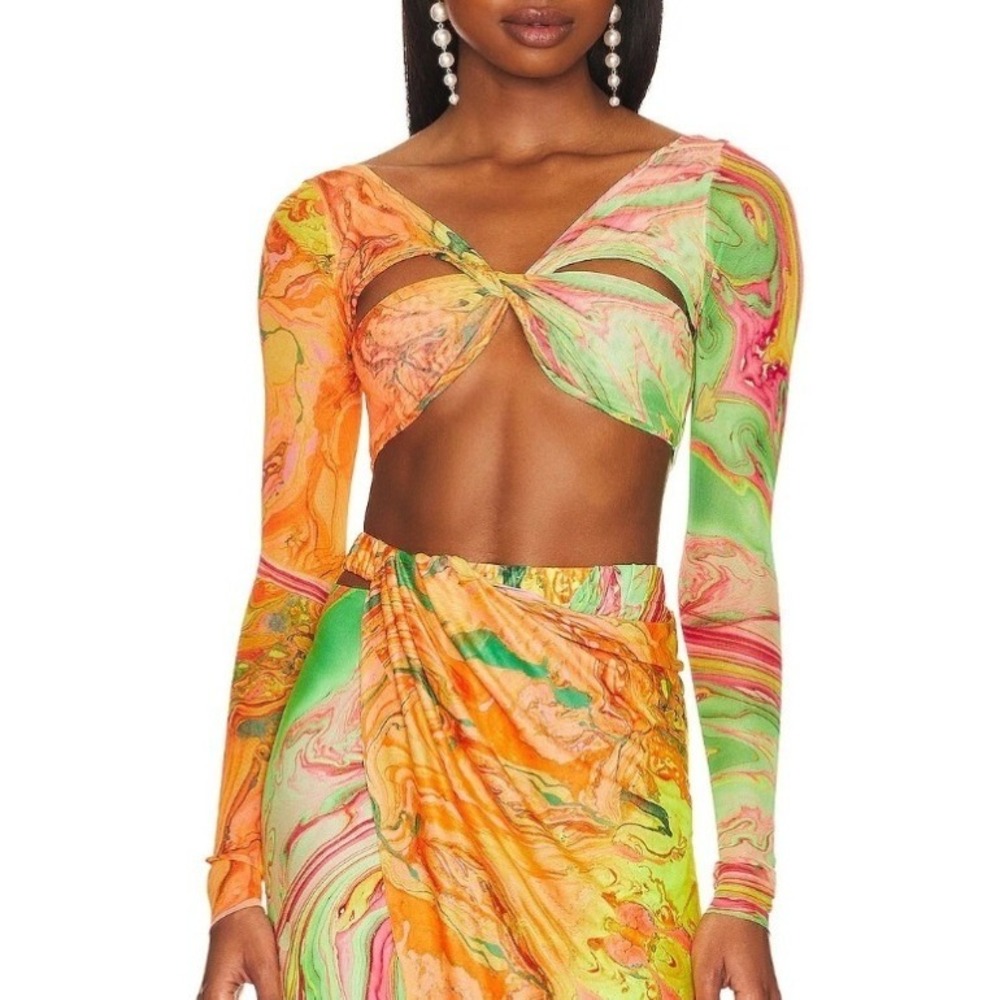 Agua Bendita x Revolve Percy Crop Top Multicolored Marble Mesh Twist Front S NEW